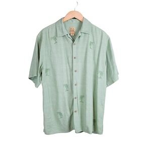 Jos A Bank Palm Tree Green Short Sleeve Button Down Shirt Size Medium Silk
